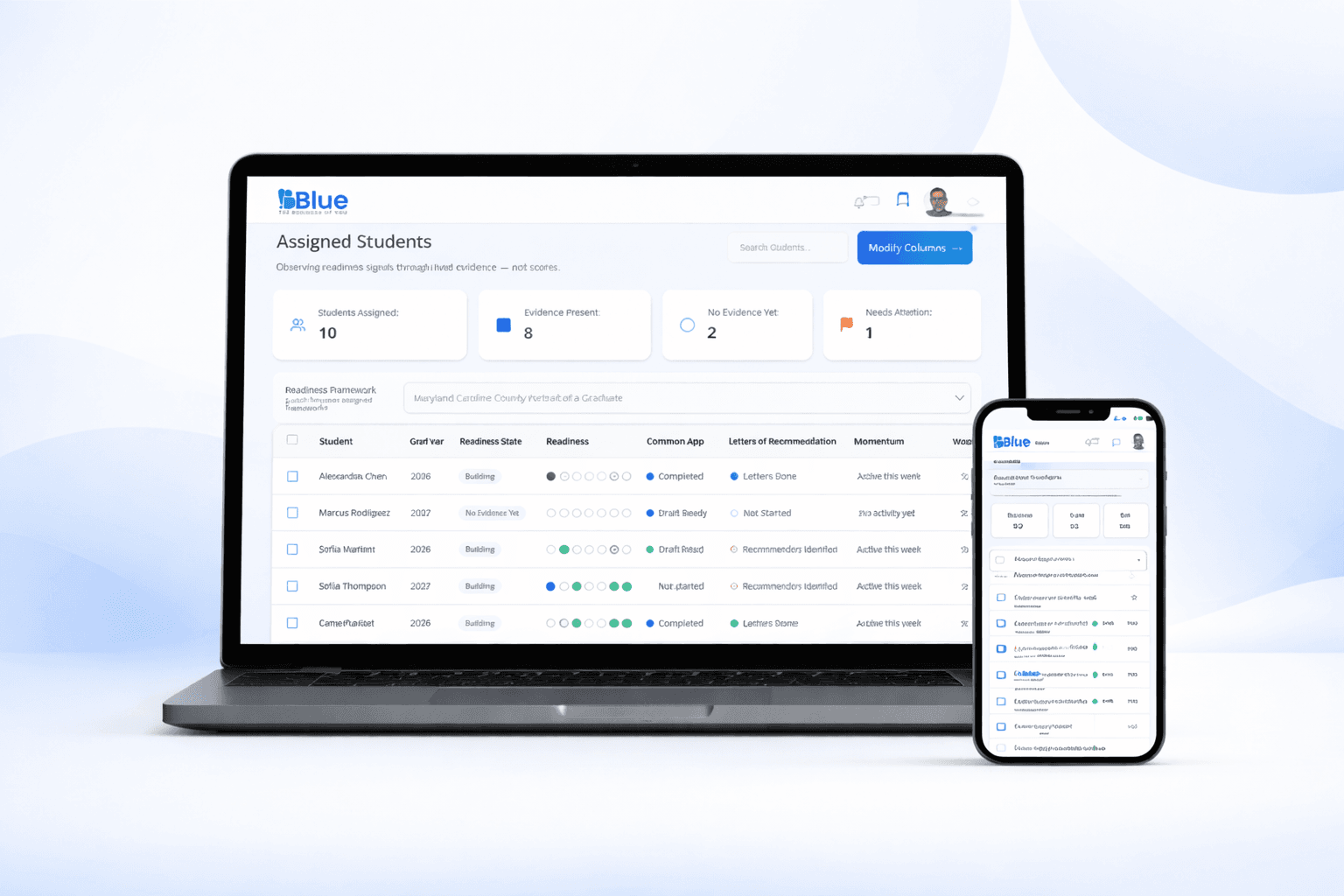 Blue app on laptop and phone